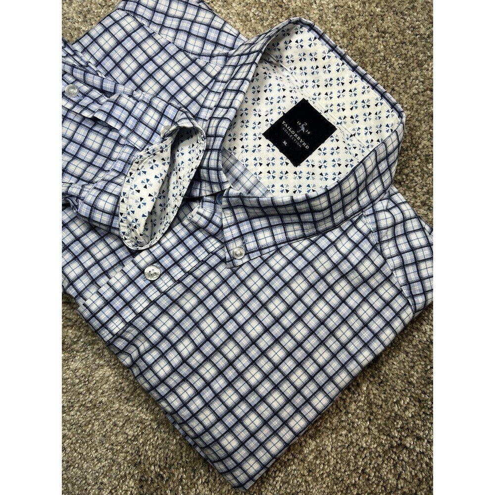 TAYLORBYRD Men's Extra Large Long Sleeve Blue White Check Button Up Flip Cuffs